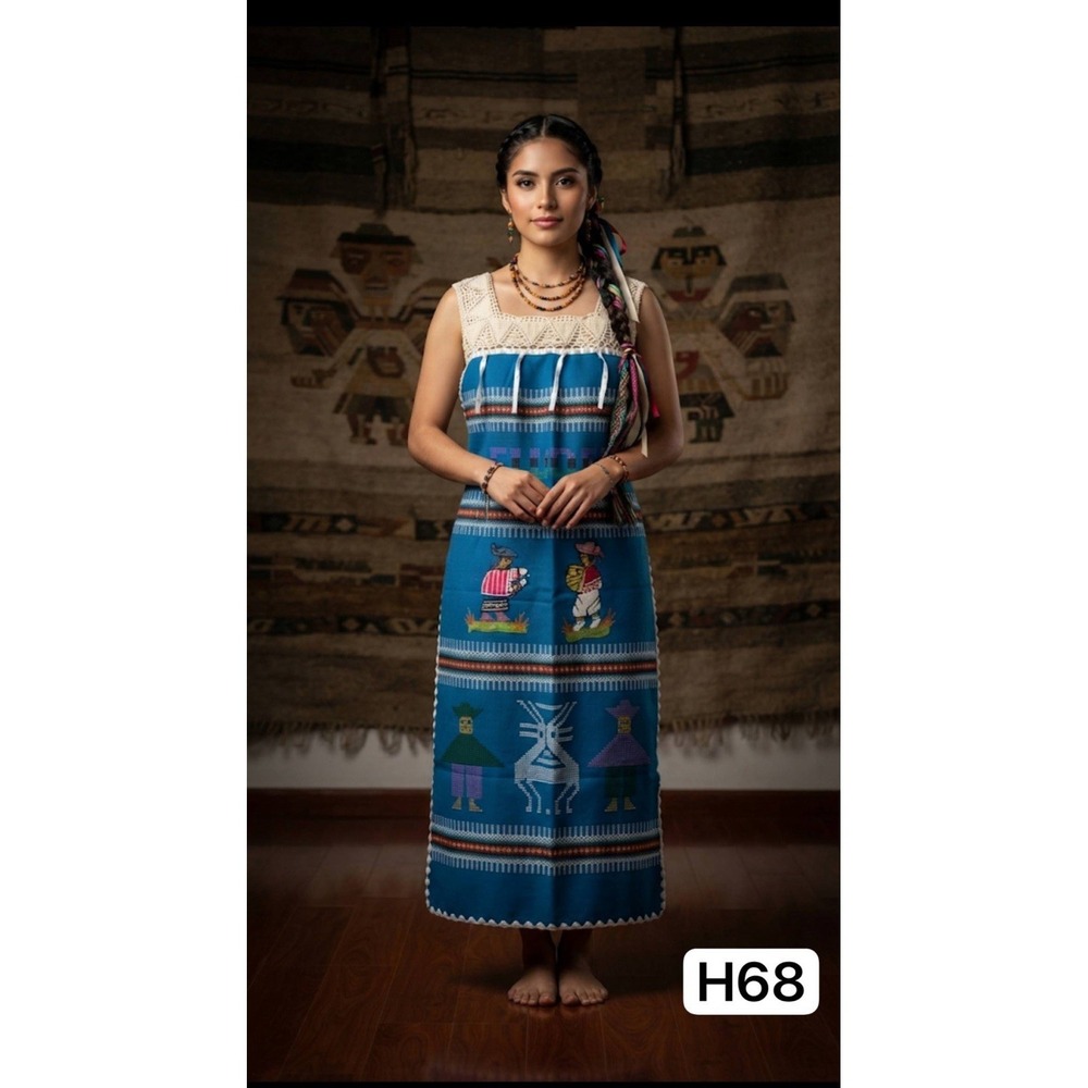 Vintage‎ Ecuador Hand Embroidered Dress Festival Folk Boho Free Size Blue Teal